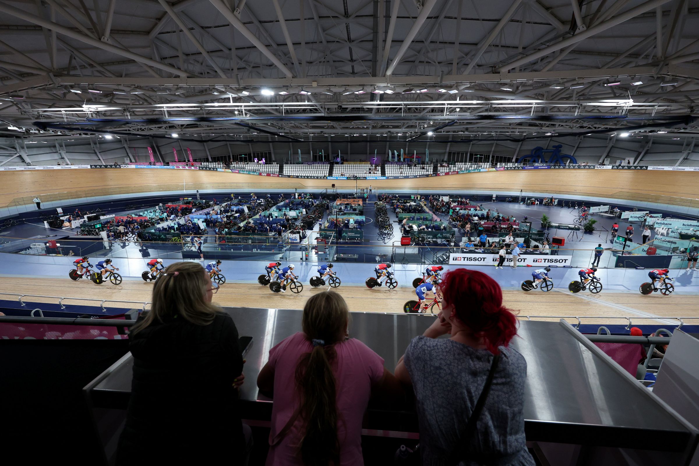 Spectators watch track cycling at the Anna Meares Velodrome in Brisbane, Queensland during the 2026 AusCycling Track National Championships.
